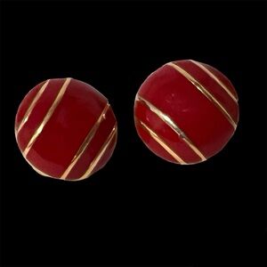 Vintage Monet Earrings Signed Red Goldtone Round Enameled Poetcore